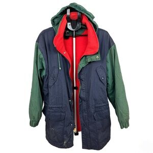 Vintage 90s Bugle Boy Green and Gray Raincoat with Red Lining Size Large